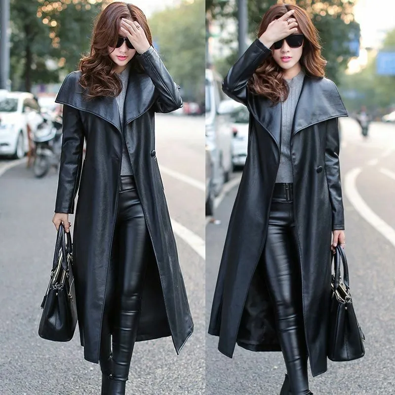 Elegant black leather trench coat