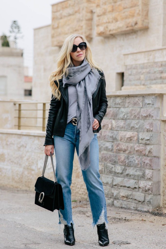 Leather Jacket and jeans with scarf for fall outfit